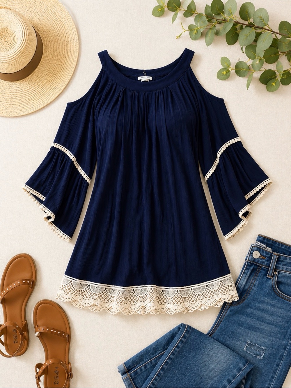 Navy Cold Shoulder Bell Sleeve Lace Trim Boho Blouse Oversized Large - Picture 2 of 4